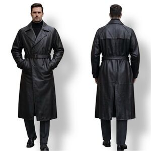 Giorgio Fellini Men’s Leather Trench Coat Black Belted Size 3XL